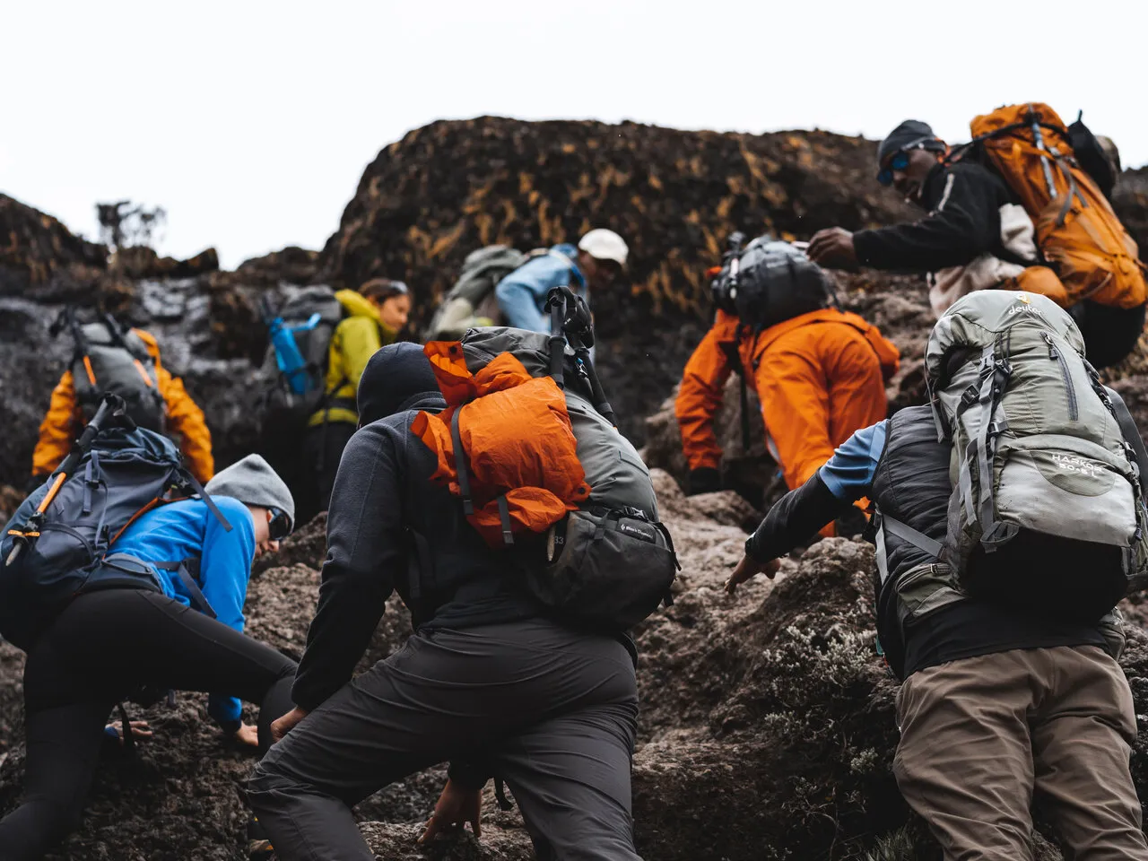 A line of climbers and porters scrambling up the rocky Barranco Wall on Mount Kilimanjaro's southern circuit